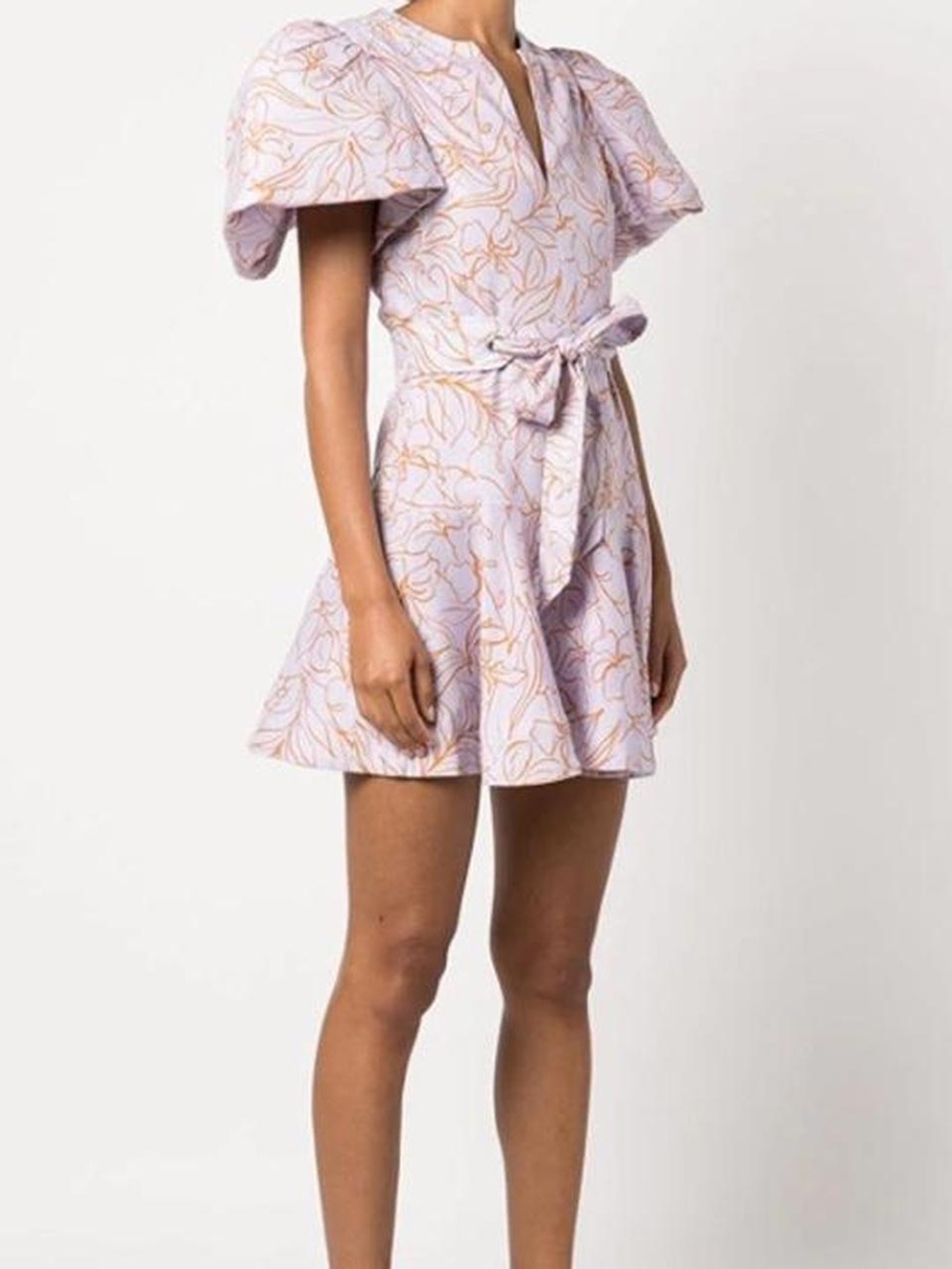 Jonathan Simkhai Lavender and Orange Floral Belted Puff-Sleeve Dress